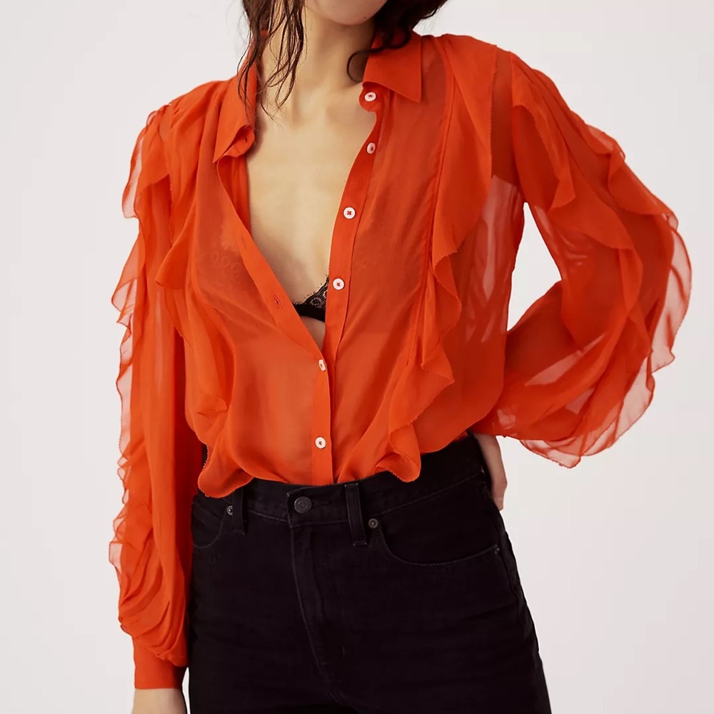 Maeve Anthropologie Ruffled Button-Down Blouse Top Women’s XS Chiffon Orange
